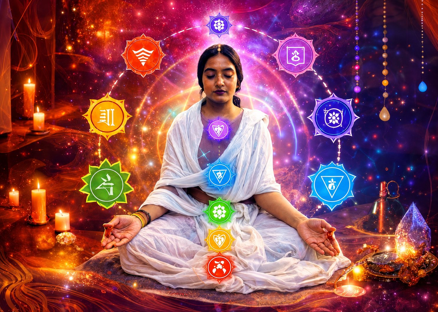 Vismaya seated in meditation with the seven chakras, root to crown
